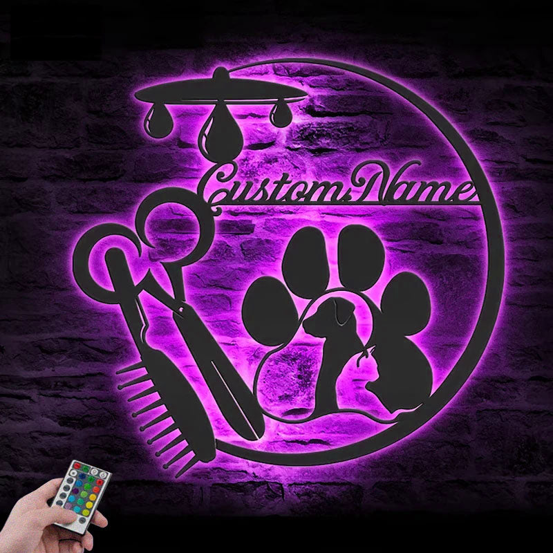 Personalized Pet Grooming Hair Salon, Metal Wall Signs With RGB Led Light