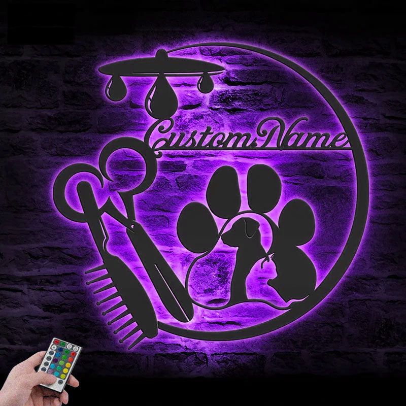 Personalized Pet Grooming Hair Salon, Metal Wall Signs With RGB Led Light
