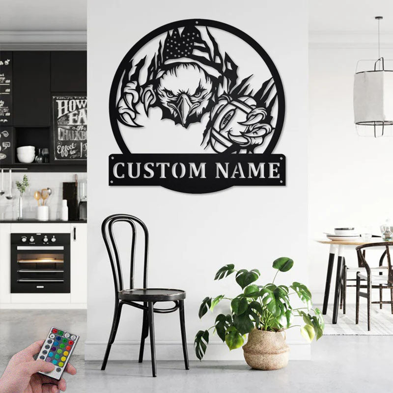 Personalized US Eagle Football, Metal Wall Signs With RGB Led Light