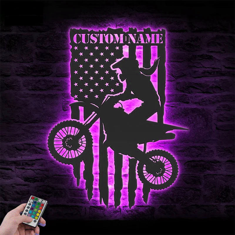 Personalized US Motocross Biker, Metal Wall Signs With RGB Led Light