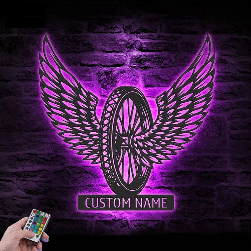 Personalized Winged Wheel Motocross Biker, Metal Wall Signs With RGB Led Light