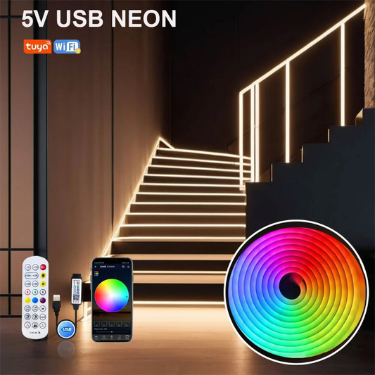 5V USB RGB Neon LED Strip Light with Tuya Bluetooth App, Waterproof DIY Room Decoration (1M/2M/3M/5M)