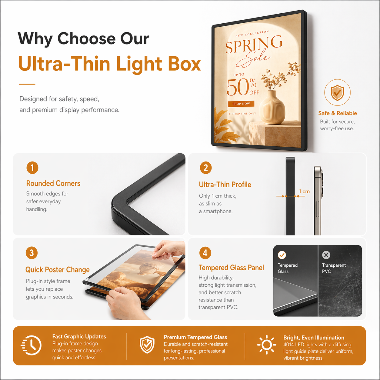 Why choose our ultra-thin LED light box display featuring rounded corners, 1 cm slim profile, quick poster change design, tempered glass panel, and bright even illumination for safe, reliable advertising use.