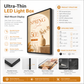 Ultra-thin LED light box wall-mount display with tempered glass, quick poster change design, bright even backlighting, multiple size options, and black or silver frame colors for advertising and promotional posters.

