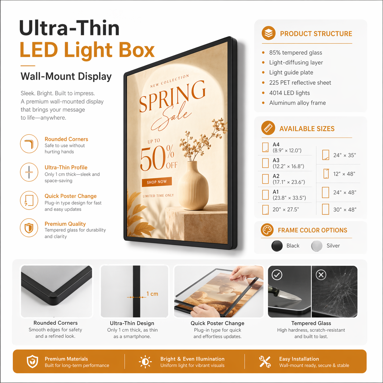 Ultra-thin LED light box wall-mount display with tempered glass, quick poster change design, bright even backlighting, multiple size options, and black or silver frame colors for advertising and promotional posters.
