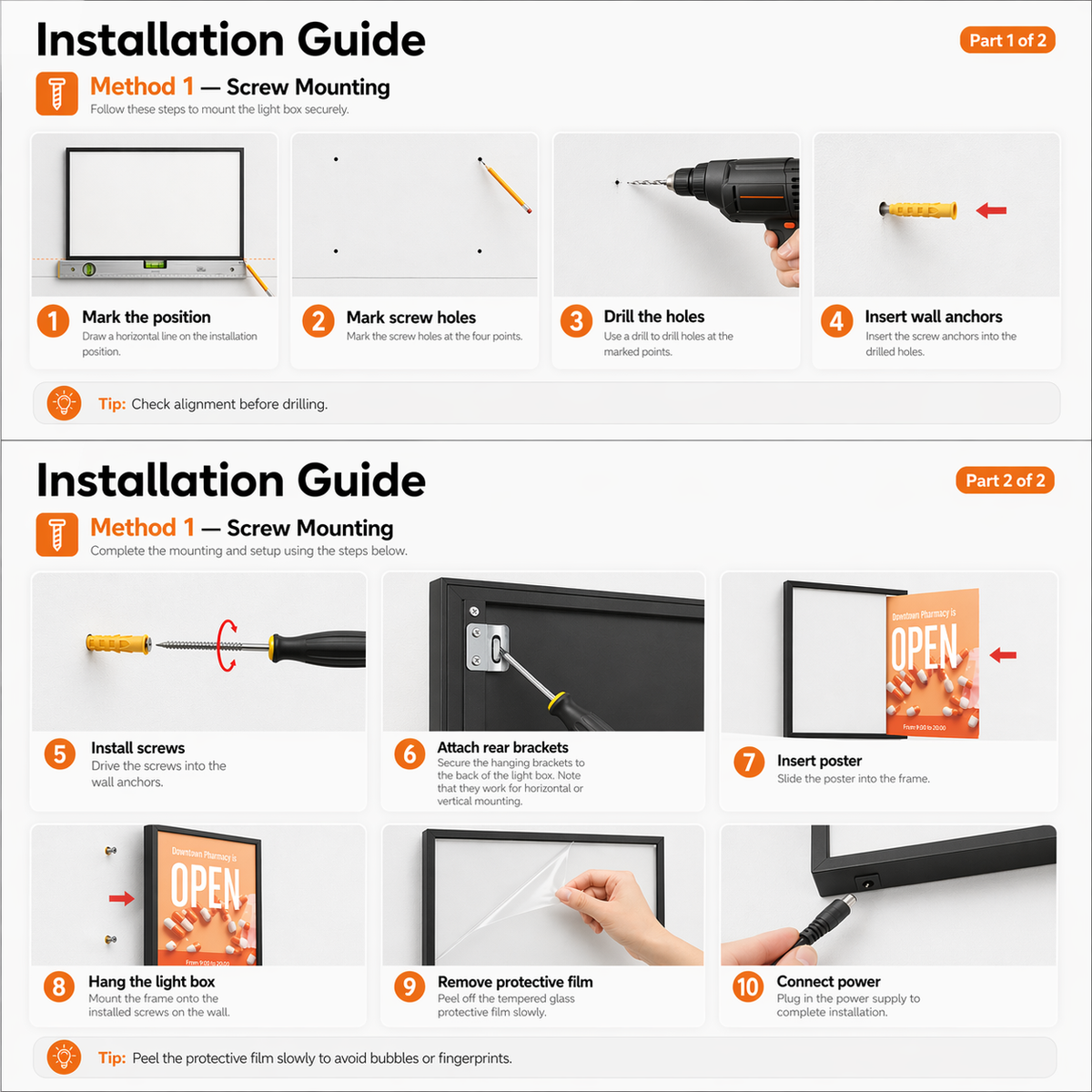 LED light box installation guide showing screw mounting steps, including marking position, drilling holes, inserting wall anchors, installing screws, attaching brackets, inserting poster, hanging the frame, removing protective film, and connecting power.