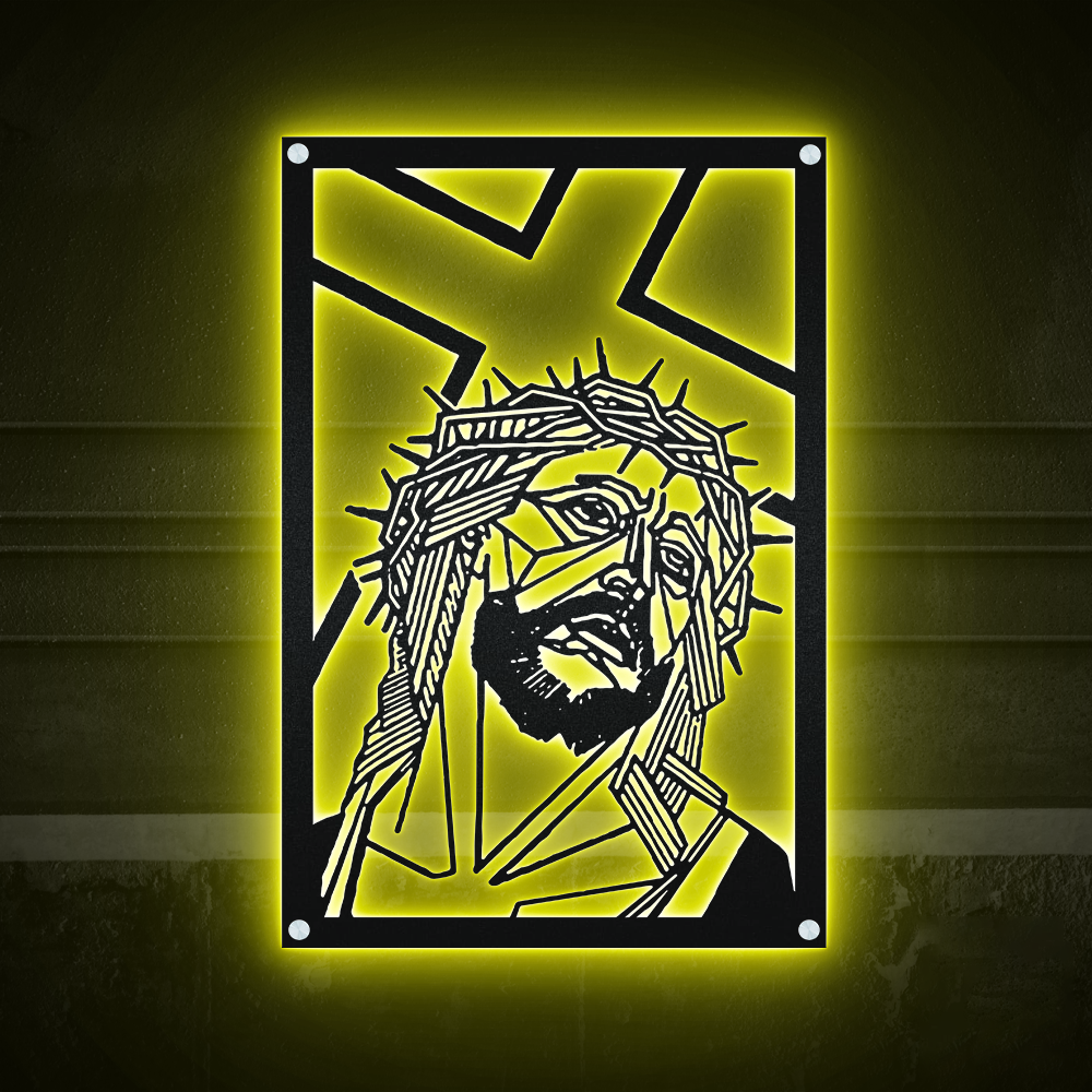 Jesus and Cross Catholic Rectangular - Led Light Metal - Owls Matrix LTD