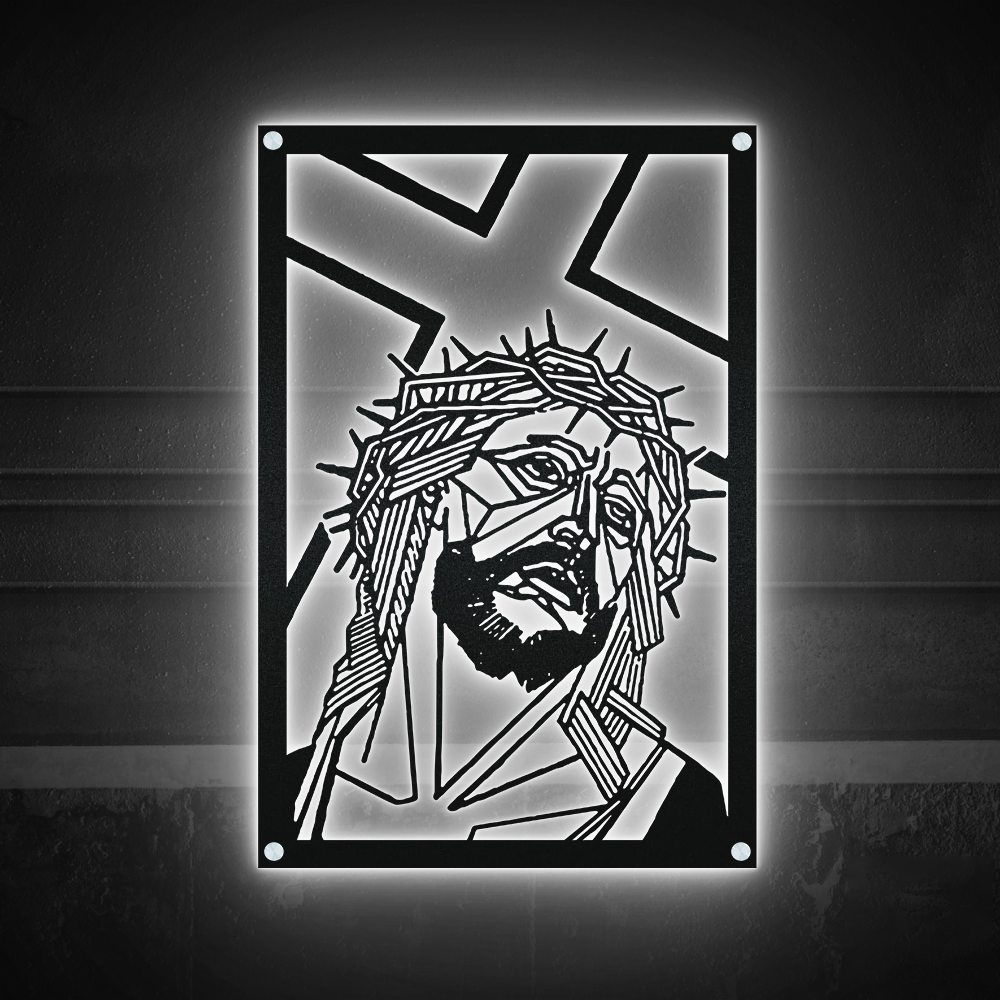 12"x12" Jesus and Cross Catholic Rectangular - Led Light Metal - Owls Matrix LTD