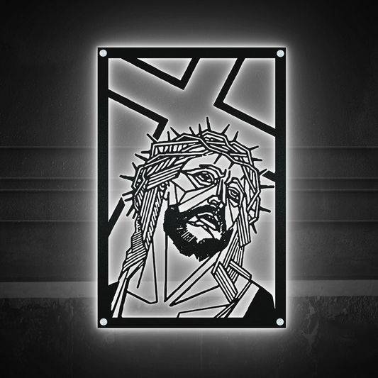 12"x12" Jesus and Cross Catholic Rectangular - Led Light Metal - Owls Matrix LTD