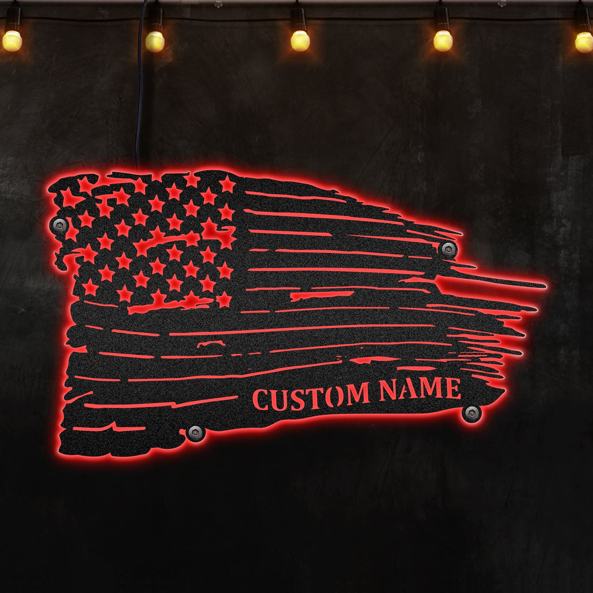 12"x12" America Flag Crack Special Style - Led Light Metal - Owls Matrix LTD