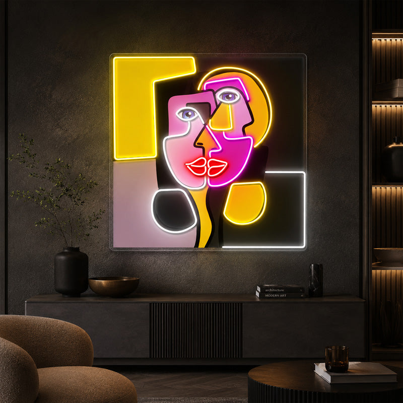 Abstract Neon Art - Bright Cubist Face LED Wall Art
