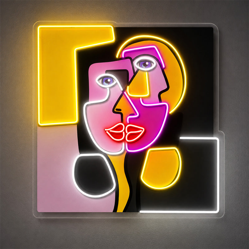 Abstract Neon Art - Bright Cubist Face LED Wall Art

