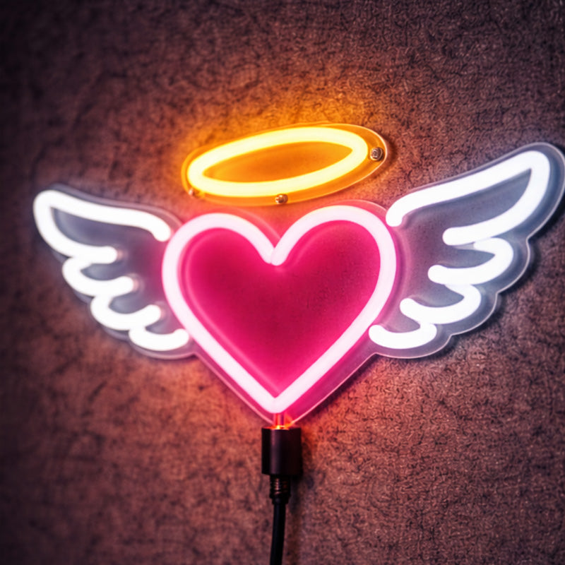Angel Heart Neon Sign – LED Wings & Halo Wall Light for Bedroom, Wedding & Romantic Decor