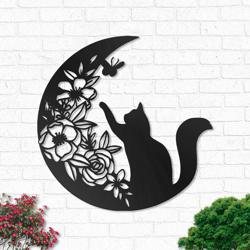 Floral Moon And Cat - Led Light Metal - Owls Matrix LTD