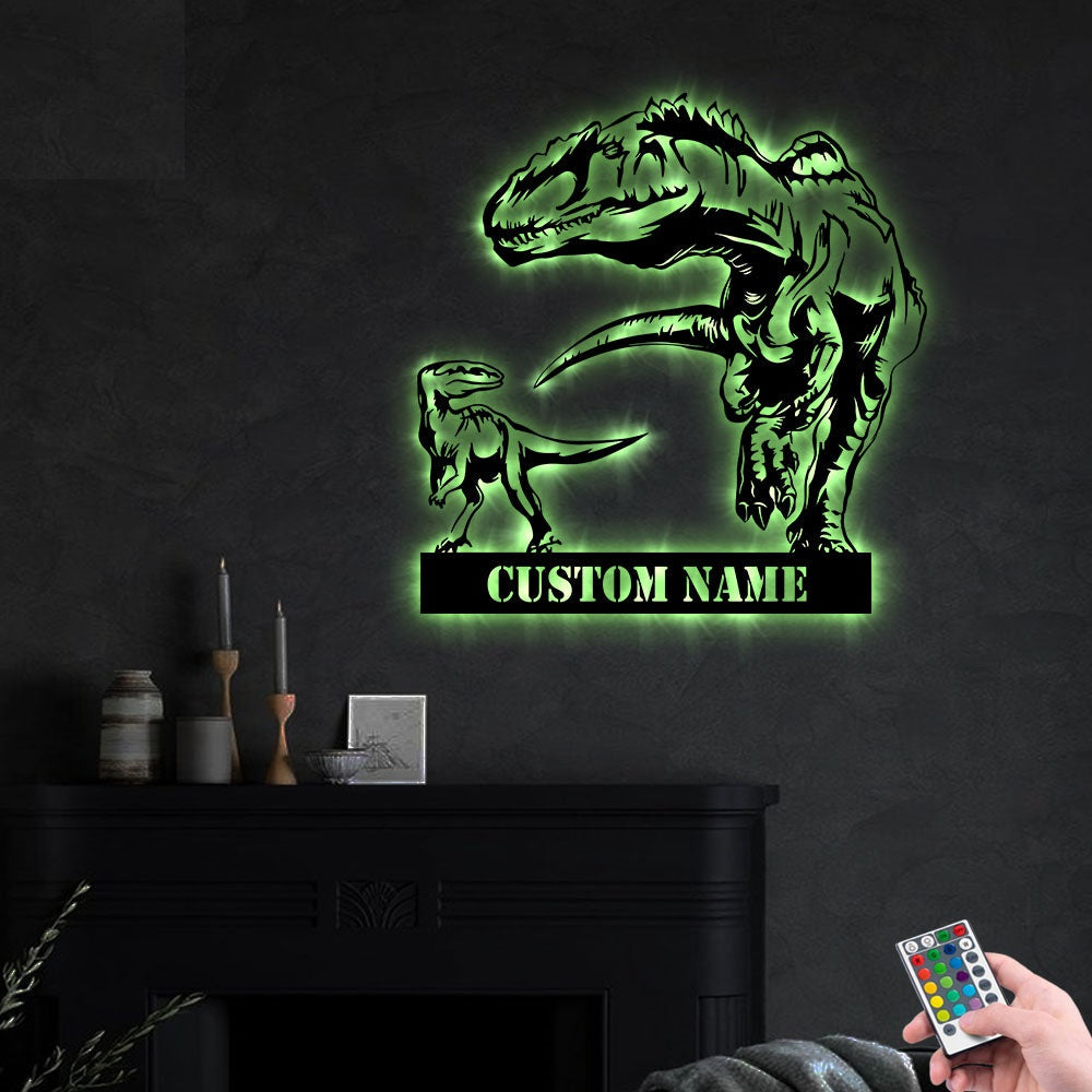 T-Rex Dinosaur Dad And Son Personalized - Led Light Metal - Owls Matrix LTD
