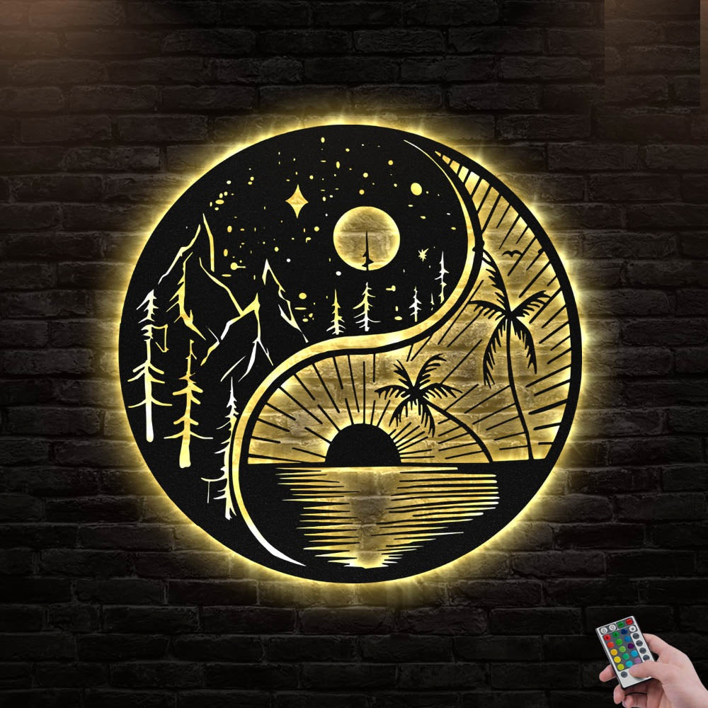 12"x12" Yin Yang Mountain And Beach - Led Light Metal - Owls Matrix LTD