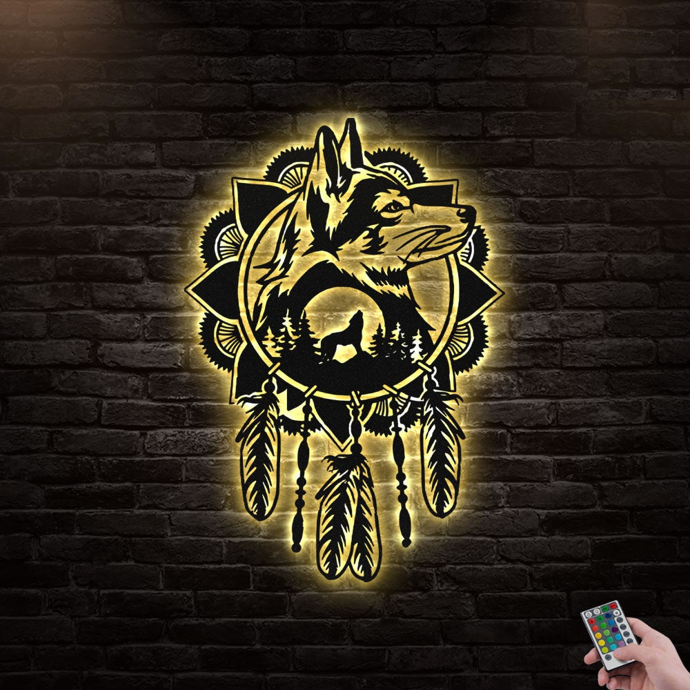 12"x12" DreamCatcher Outdoor Wolf Style - Led Light Metal - Owls Matrix LTD