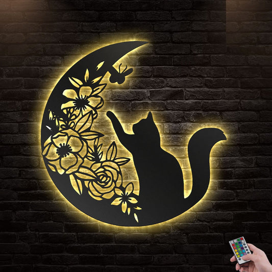 12"x12" Floral Moon And Cat - Led Light Metal - Owls Matrix LTD