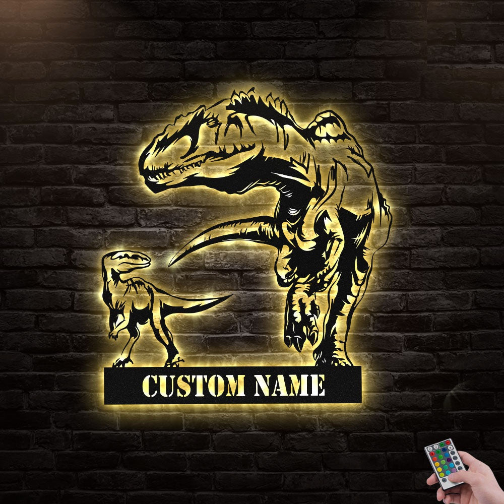12"x12" T-Rex Dinosaur Dad And Son Personalized - Led Light Metal - Owls Matrix LTD