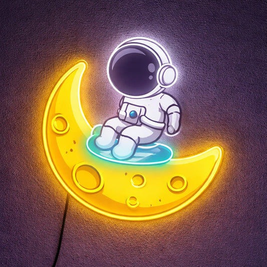 Astronaut Moon Neon Sign – Cute Space Aesthetic LED Wall Decor for Bedroom & Gaming Room