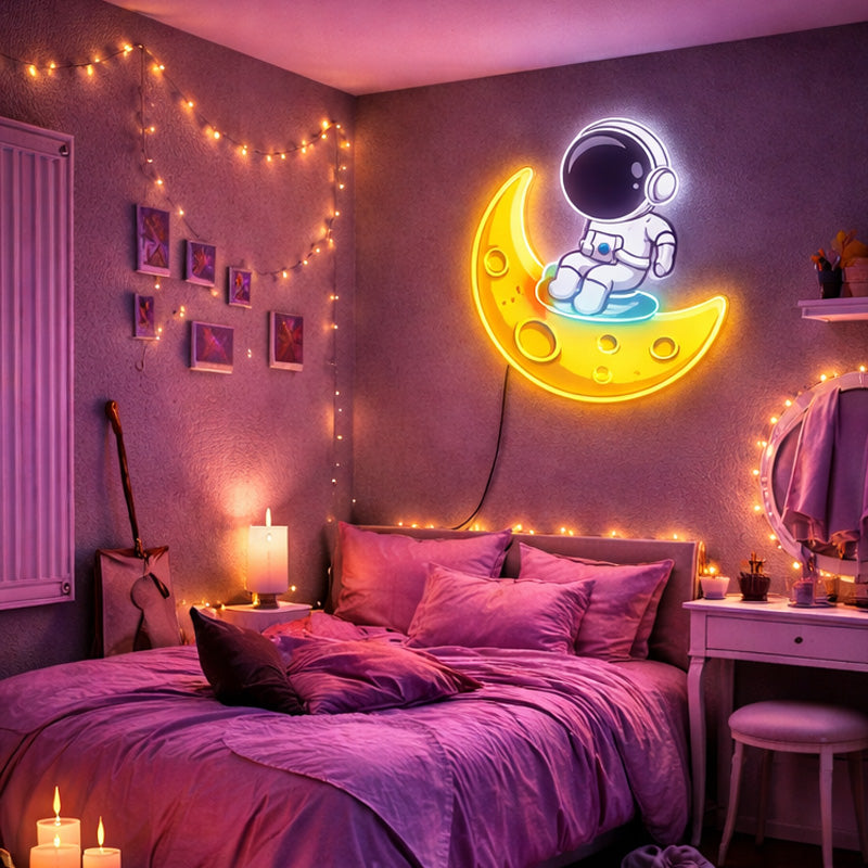 Astronaut Moon Neon Sign – Cute Space Aesthetic LED Wall Decor for Bedroom & Gaming Room