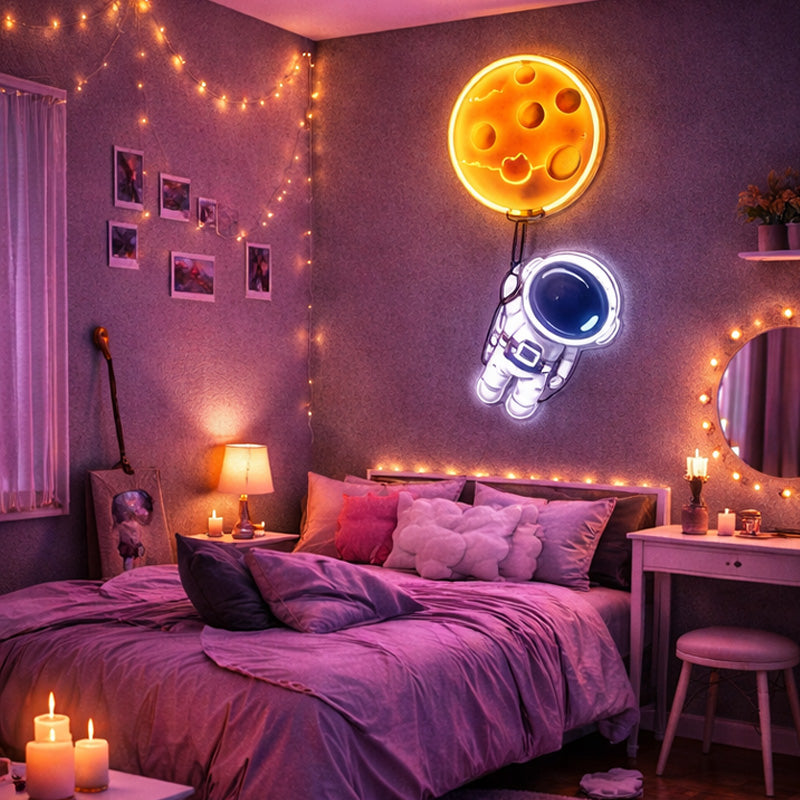 Astronaut Moon Neon Sign – Space Aesthetic LED Wall Decor for Bedroom & Gaming Room