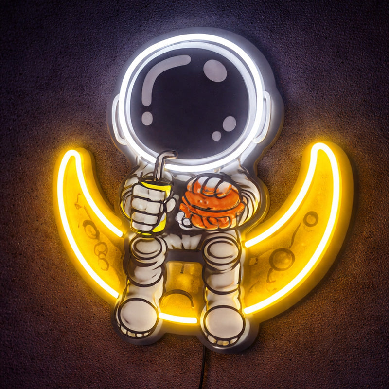 Astronaut on Crescent Moon Neon Sign – Space-Themed LED Wall Light Decor