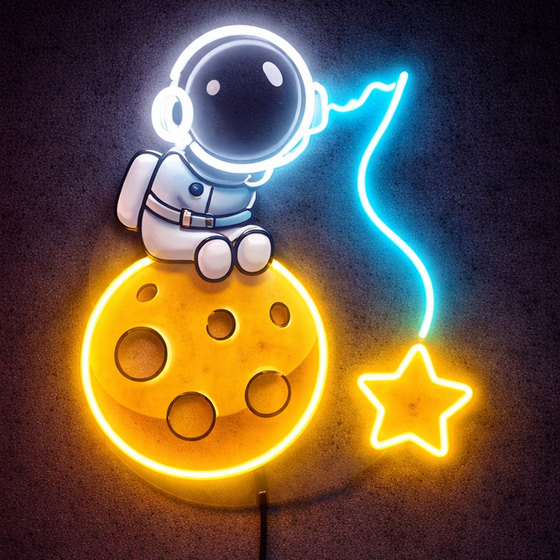 Astronaut on the Moon Neon Sign – Dreamy Space-Themed LED Wall Light with Star