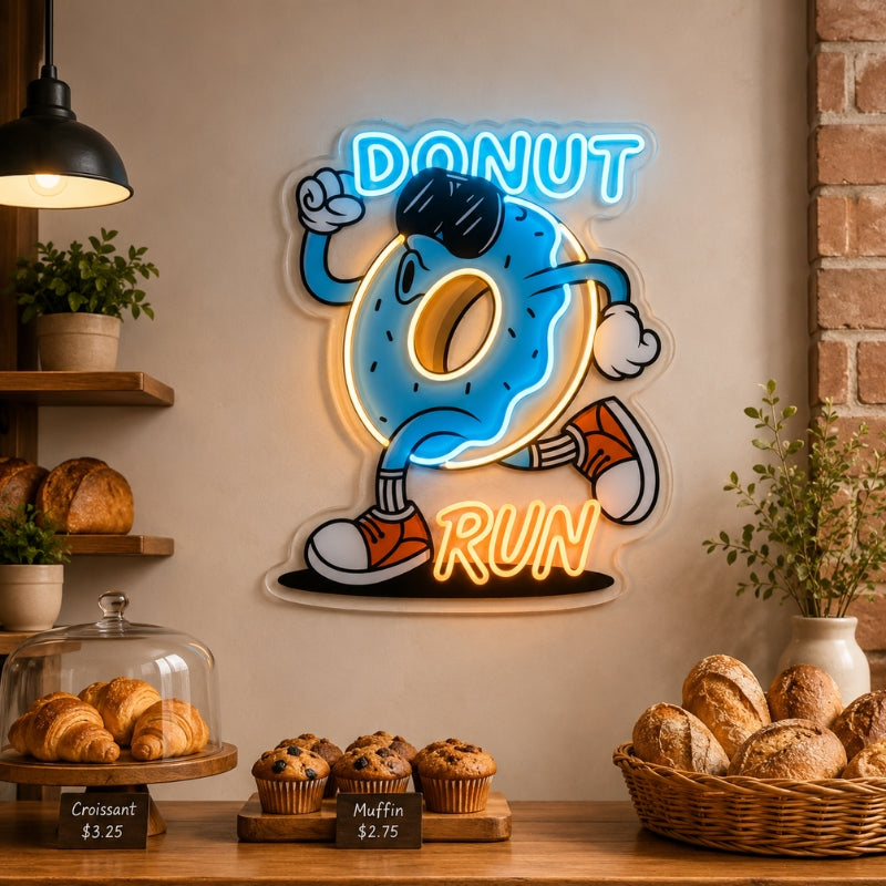 Bakery Neon Sign - Donut Run Cartoon LED Wall Decor