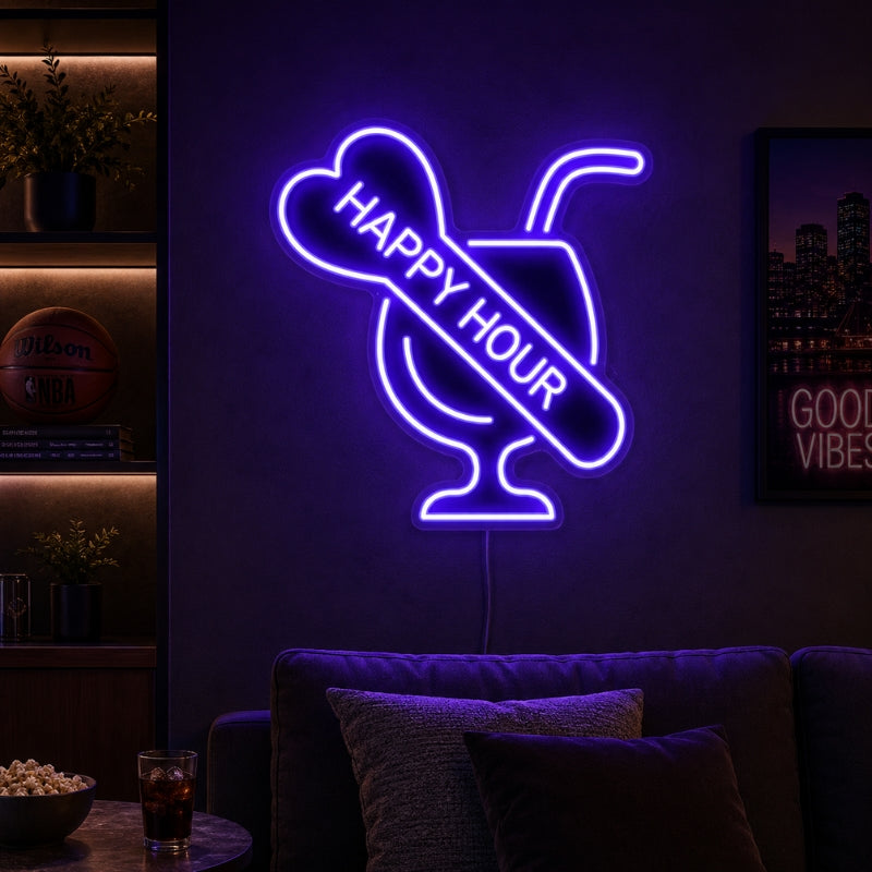 Basement Neon Sign - Happy Hour LED Wall Decor