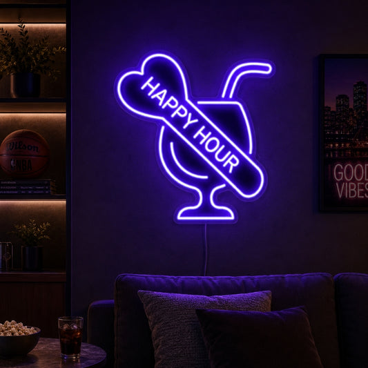Basement Neon Sign - Happy Hour LED Wall Decor