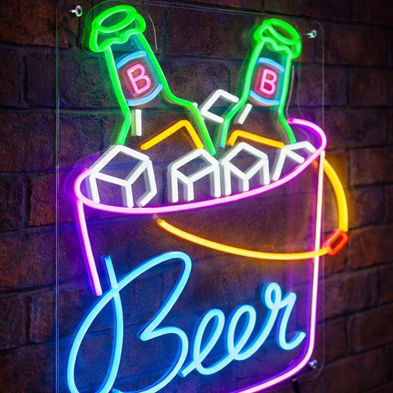 Beer Bucket Neon Sign – LED Bar Wall Light with Ice Bottles