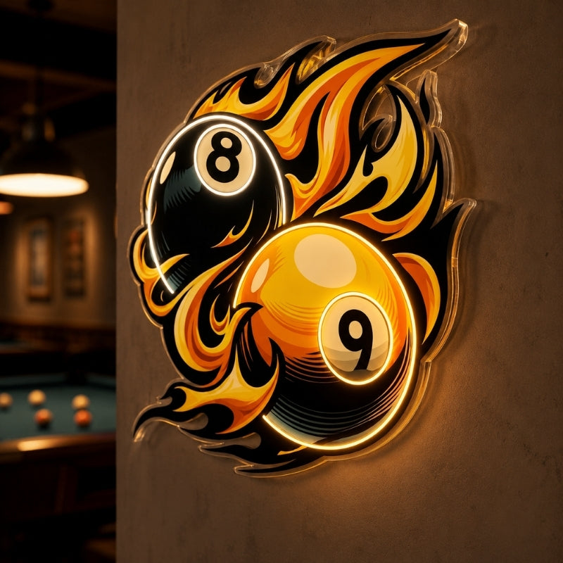 Billiards Neon Sign - Flaming 8 and 9 Ball Wall Decor