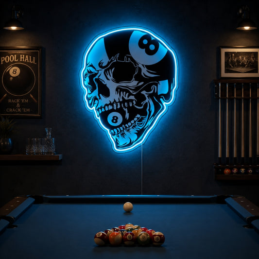 Billiards Pool Room Neon Sign - Skull 8 Ball Decor