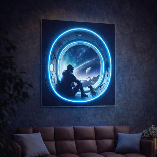 Blue Neon Space Portal Wall Art – Futuristic LED Window Scene for Modern Living Rooms