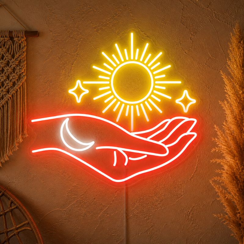 Boho Neon Sign Aesthetic - Sun Moon Hand LED Decor