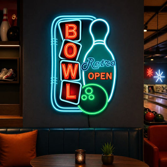 Bowling Neon Sign - Retro Open LED Wall Decor Light