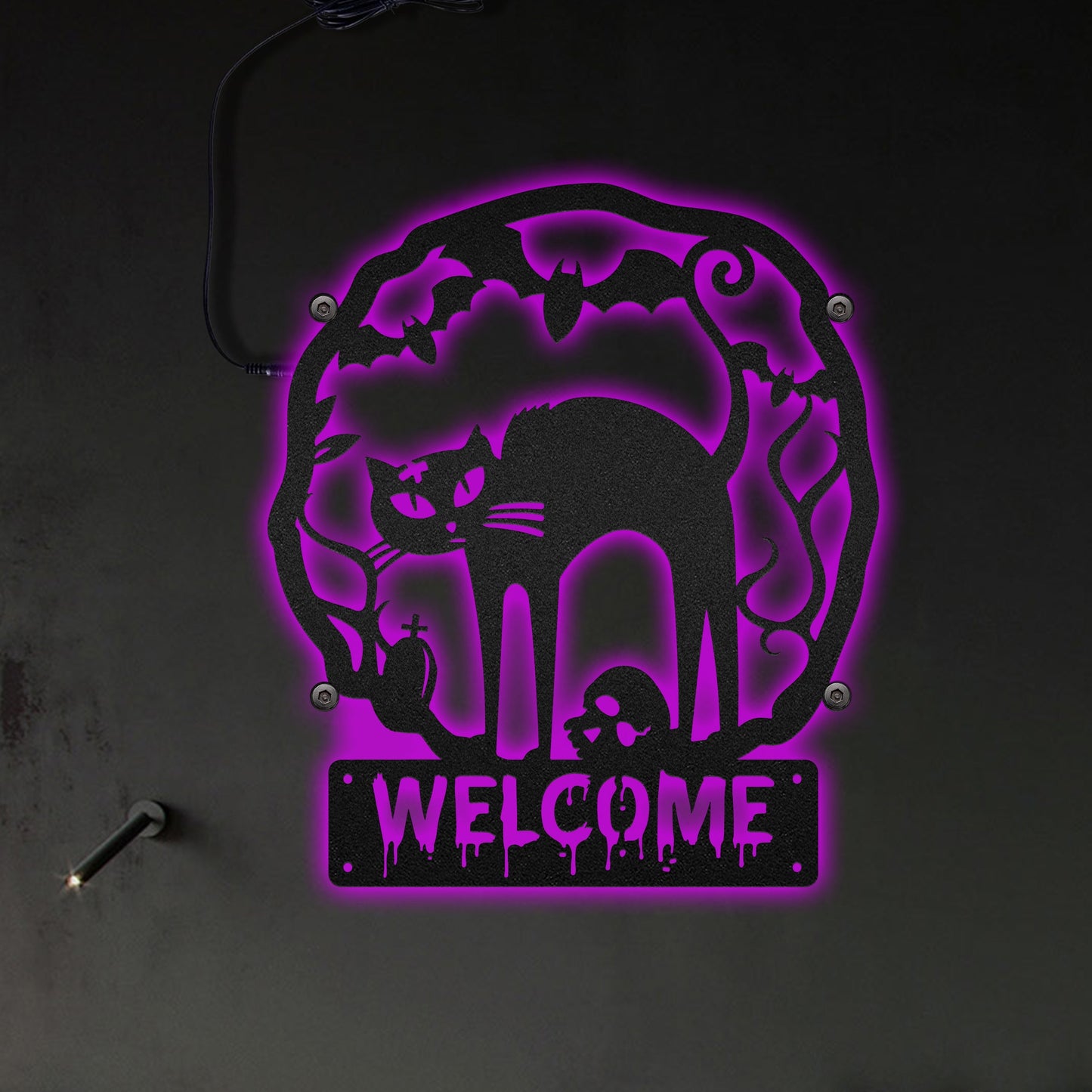 Cat Halloween Welcome Steel - Led Light Metal - Owls Matrix LTD