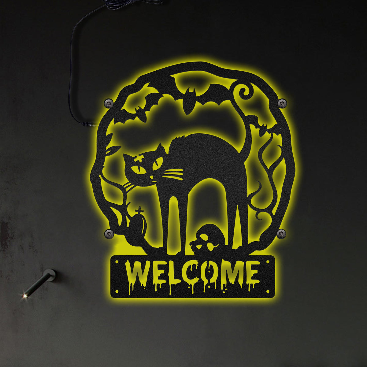 Cat Halloween Welcome Steel - Led Light Metal - Owls Matrix LTD