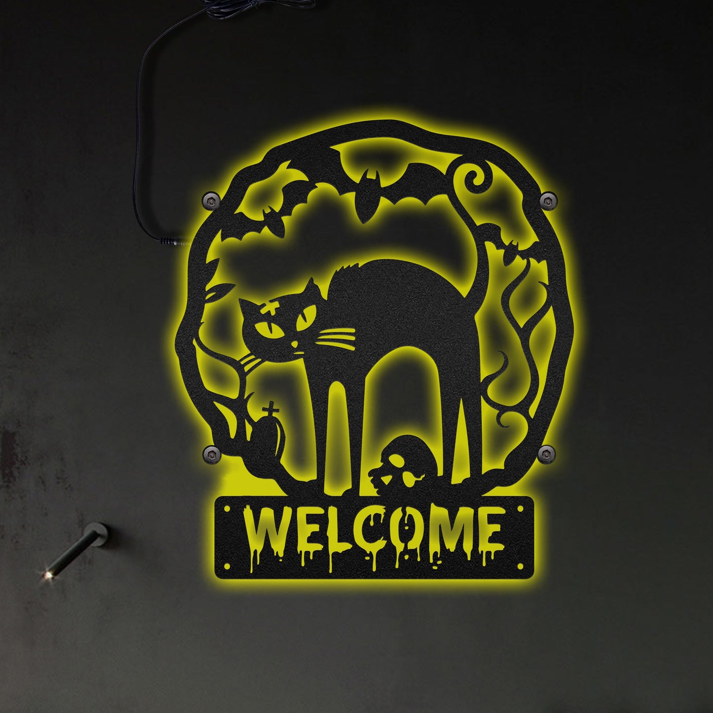 Cat Halloween Welcome Steel - Led Light Metal - Owls Matrix LTD