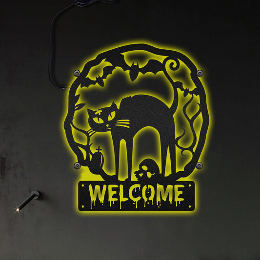 Cat Halloween Welcome Steel - Led Light Metal - Owls Matrix LTD