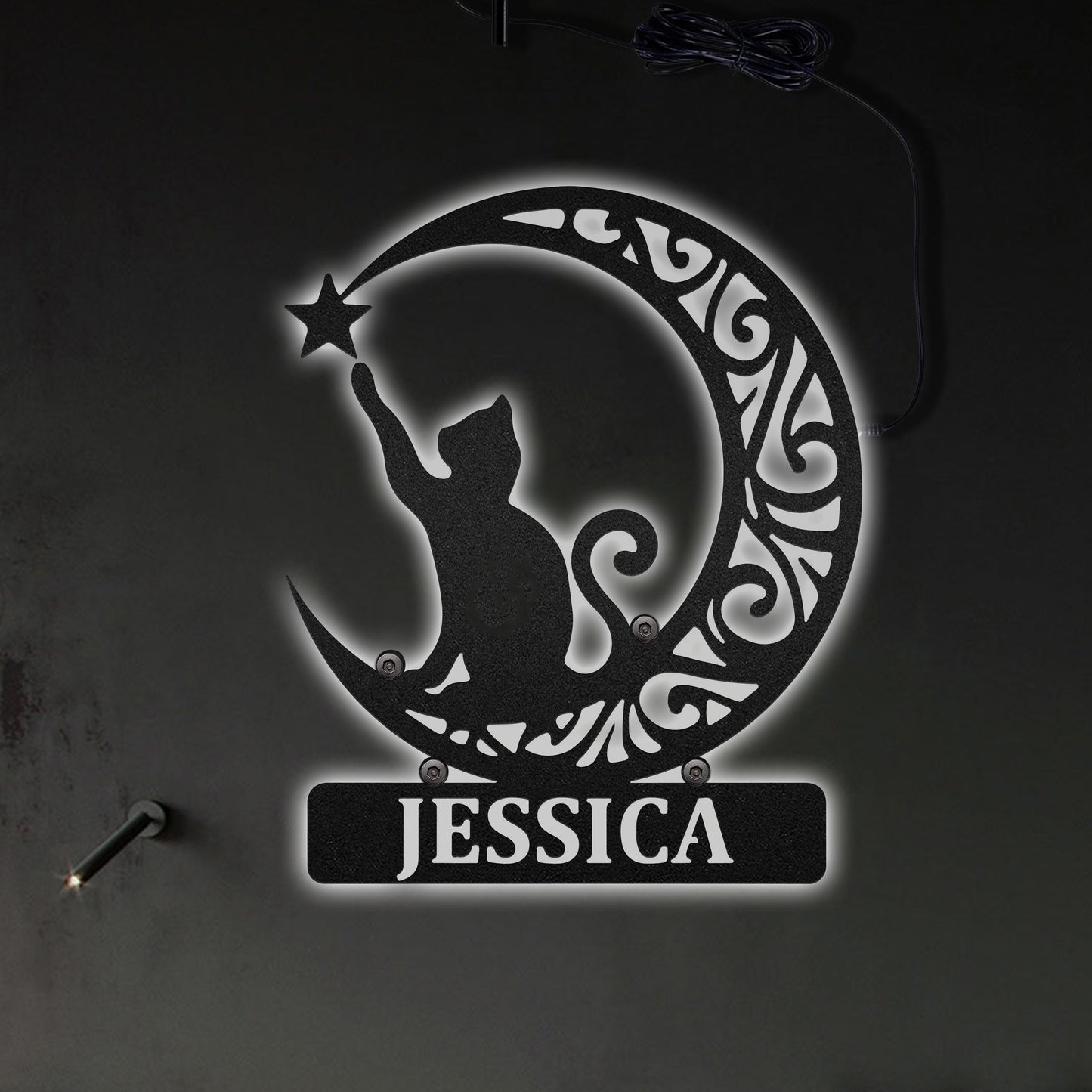 12"x12" Cat Luna Cat Touching Star Personalized - Led Light Metal - Owls Matrix LTD