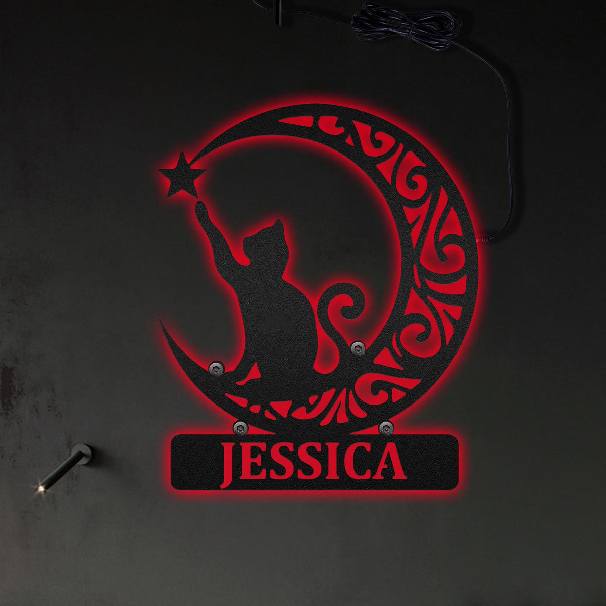 Cat Luna Cat Touching Star Personalized - Led Light Metal - Owls Matrix LTD