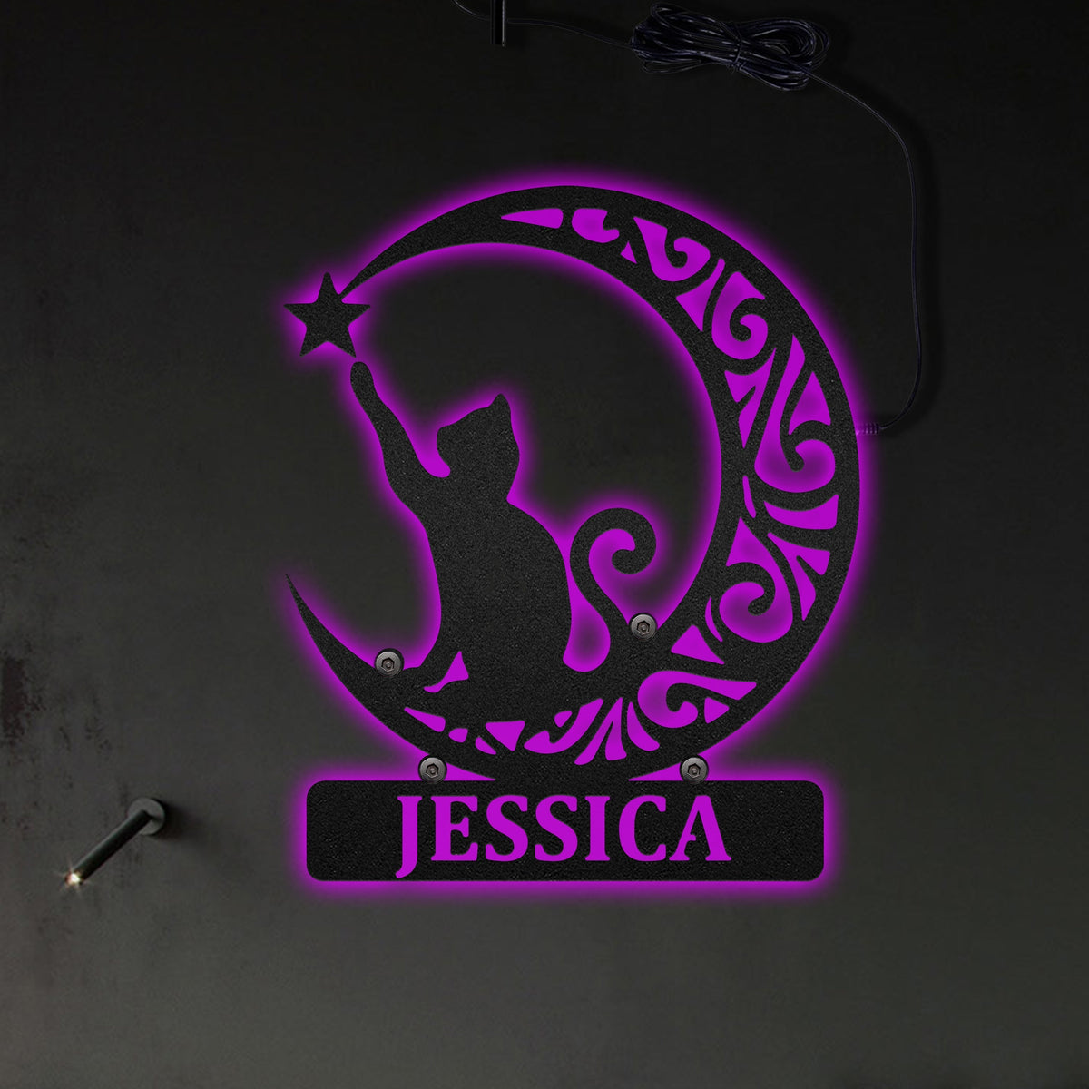 Cat Luna Cat Touching Star Personalized - Led Light Metal - Owls Matrix LTD