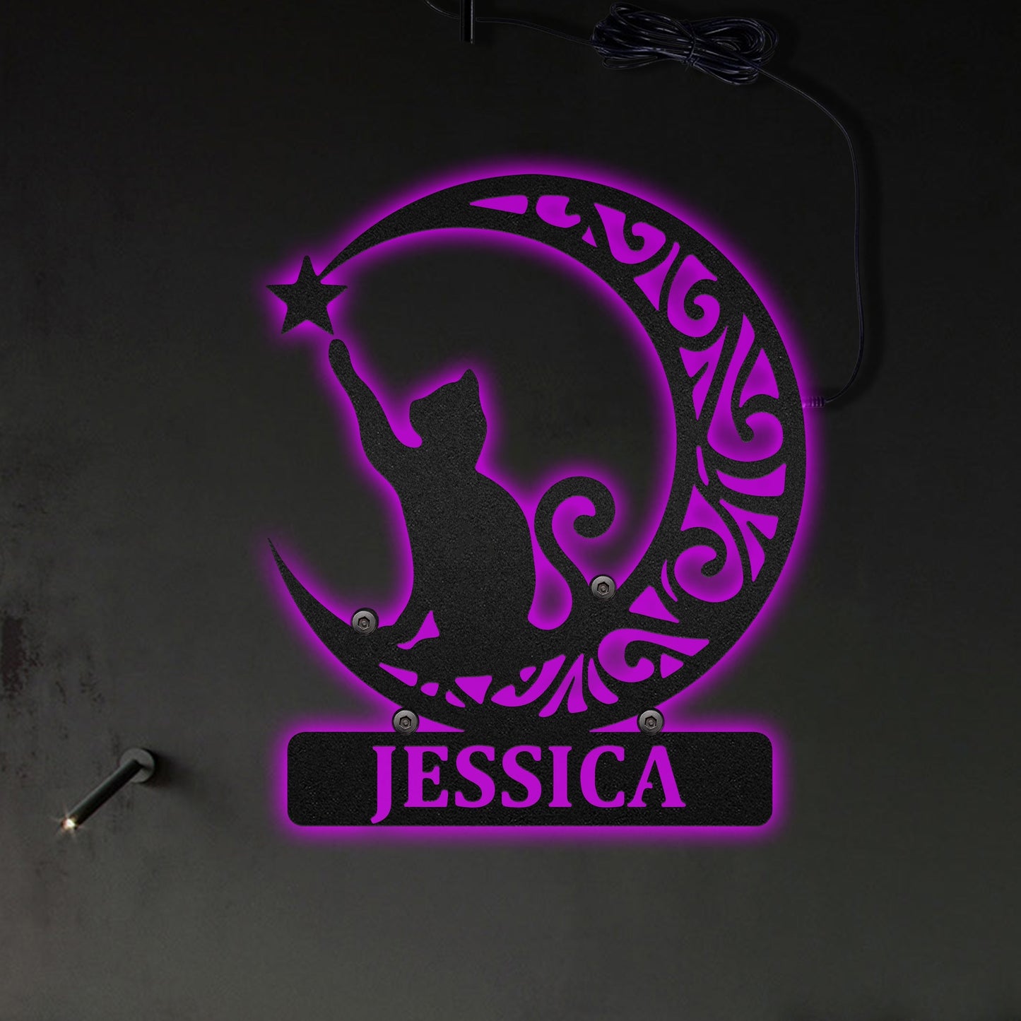 Cat Luna Cat Touching Star Personalized - Led Light Metal - Owls Matrix LTD