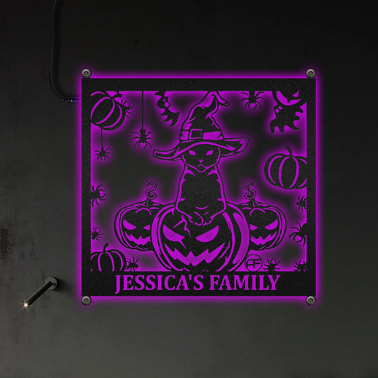 12"x12" Halloween Cat Wizard With Pumpkin & Spinder Personalized - Led Light Metal - Owls Matrix LTD