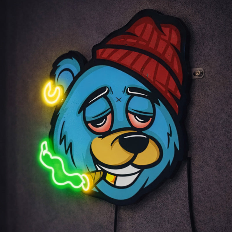 Chill Bear Neon Wall Sign – Sleepy Cartoon Bear LED Art with Beanie & Smoke Glow