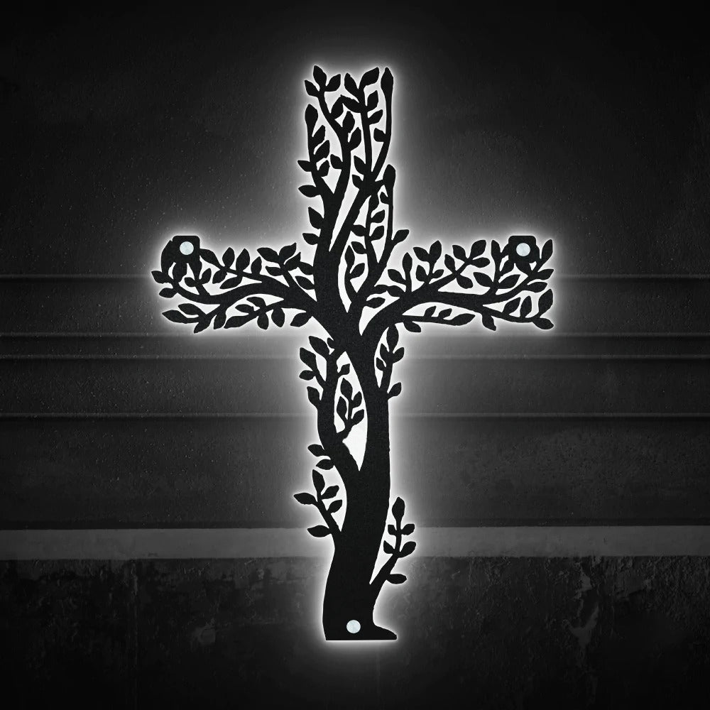 Christmas Love Olive Tree Cross Christmas Tree - Led Light Metal - Owls Matrix LTD