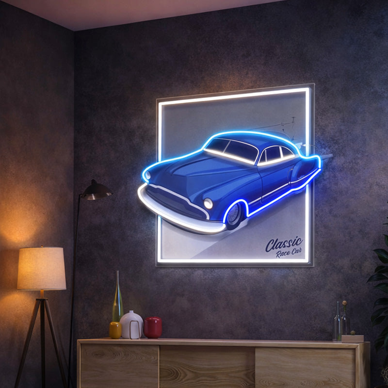 Classic Blue Car Neon Sign – Retro Racing Car LED Wall Art