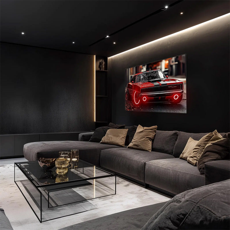 Classic Neon Muscle Car Wall Art (UV Printed) – Red Sports Car Man Cave Decor